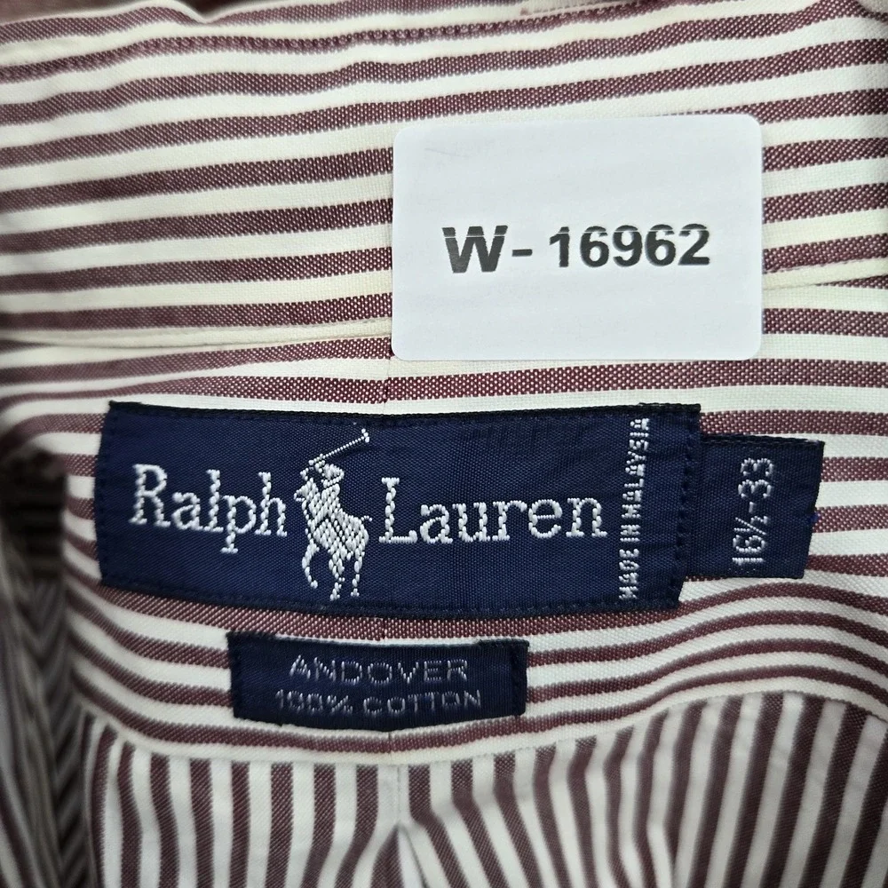 VINTAGE Ralph Lauren Men Button Up Shirt 16.5 33 Brown Striped Andover Cotton